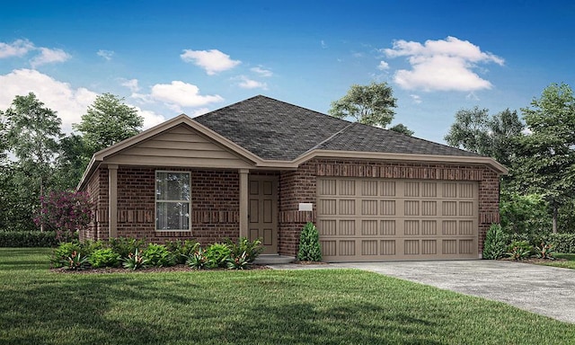 single story home with brick siding, a shingled roof, a front yard, a garage, and driveway