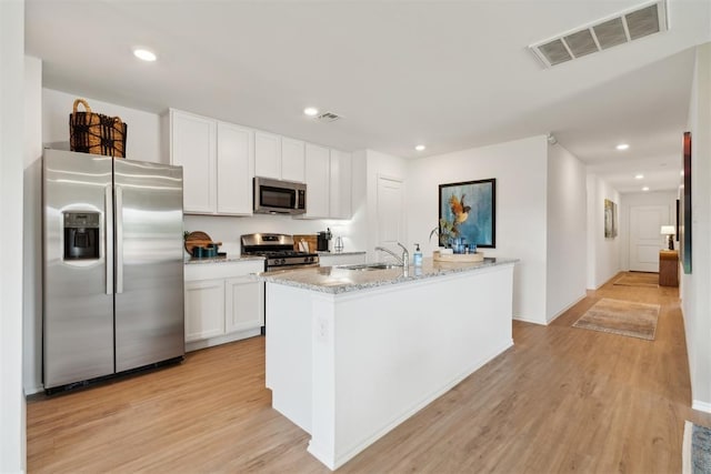 kitchen featuring appliances with stainless steel finishes, light wood-type flooring, visible vents, and a sink