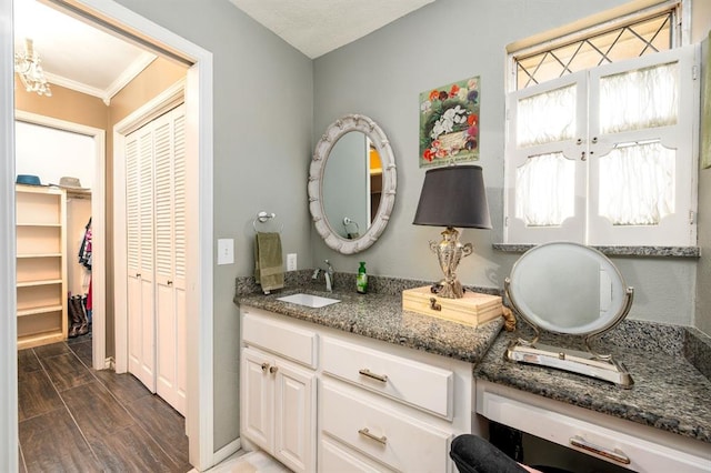 bathroom with vanity, a closet, and wood finish floors