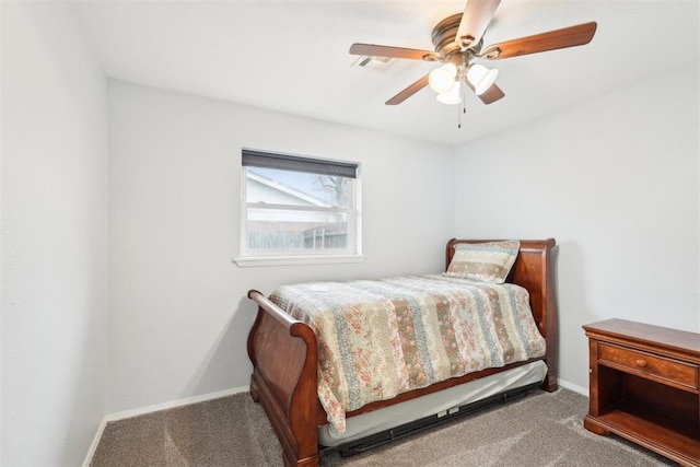 bedroom with carpet floors, baseboards, visible vents, and ceiling fan