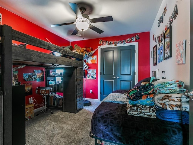 bedroom featuring carpet floors and ceiling fan