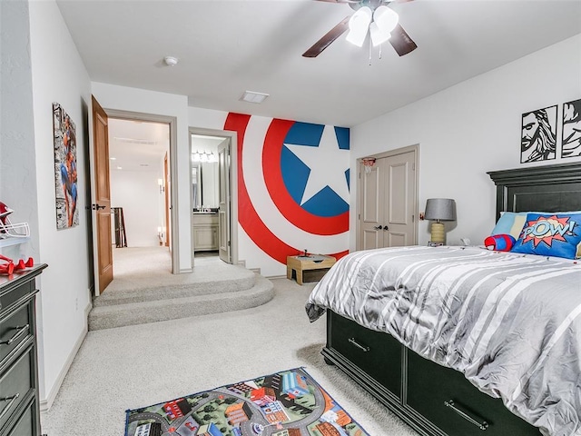 bedroom featuring ceiling fan, carpet flooring, visible vents, and baseboards