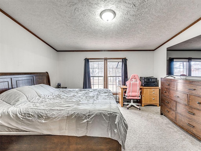 carpeted bedroom with a textured ceiling, multiple windows, and crown molding