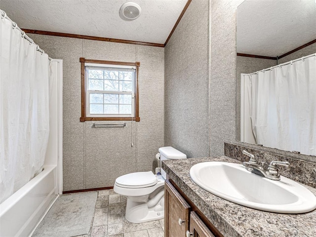 full bathroom featuring visible vents, toilet, ornamental molding, a textured ceiling, and vanity