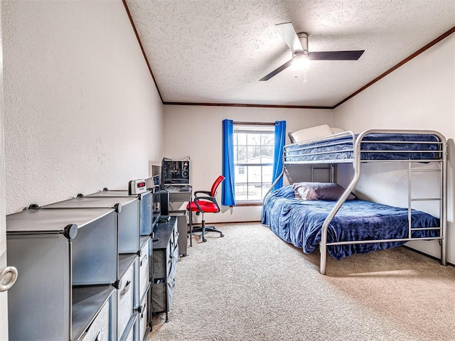 bedroom with ornamental molding, carpet flooring, a textured wall, and a textured ceiling