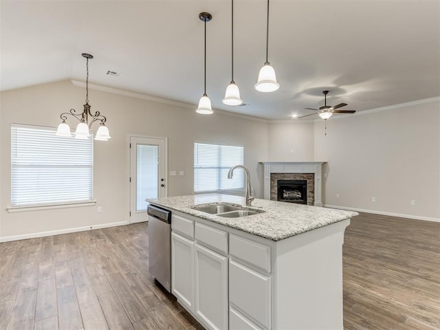 kitchen featuring dishwasher, wood finished floors, a fireplace, and a sink