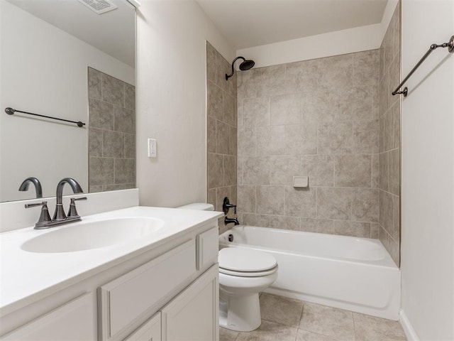 full bath with tub / shower combination, vanity, toilet, and tile patterned floors