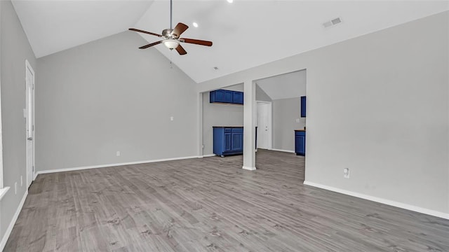 unfurnished living room featuring light wood finished floors, visible vents, ceiling fan, high vaulted ceiling, and baseboards