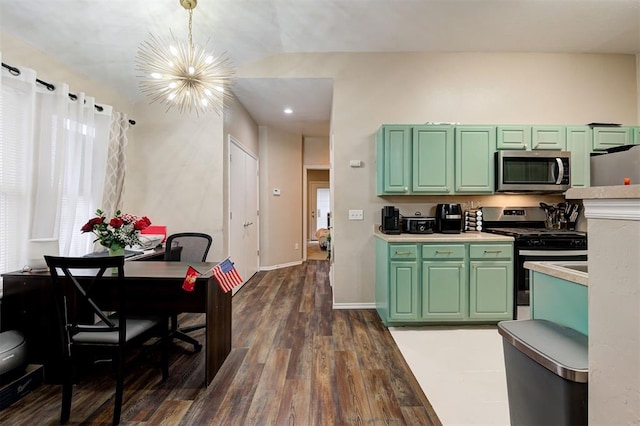 kitchen featuring baseboards, green cabinets, appliances with stainless steel finishes, dark wood-style floors, and an inviting chandelier