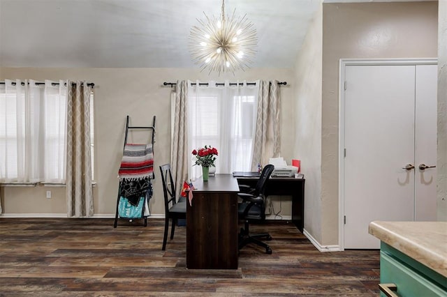 home office with dark wood-style floors, baseboards, lofted ceiling, and an inviting chandelier