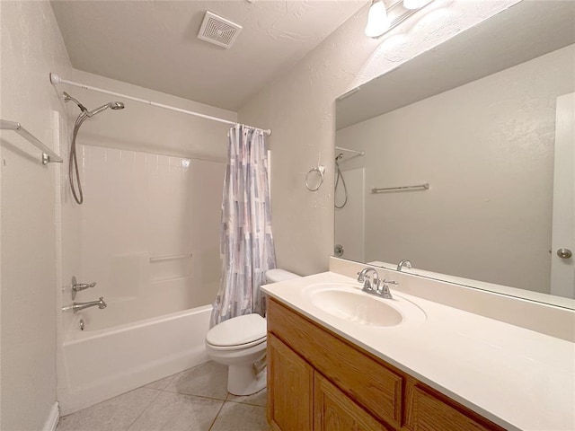 full bathroom with shower / tub combo, visible vents, toilet, tile patterned floors, and vanity