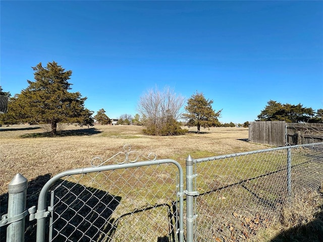 view of yard with a gate, fence, and a rural view