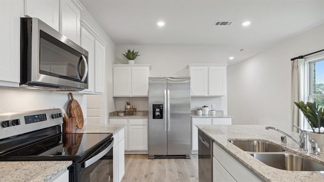 kitchen with light wood-style flooring, a sink, visible vents, white cabinets, and appliances with stainless steel finishes