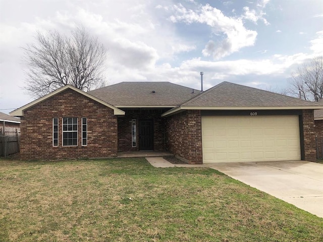 ranch-style house with brick siding, a shingled roof, a front yard, a garage, and driveway