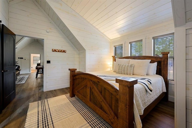 bedroom featuring dark wood-style floors, wood ceiling, vaulted ceiling, and wood walls