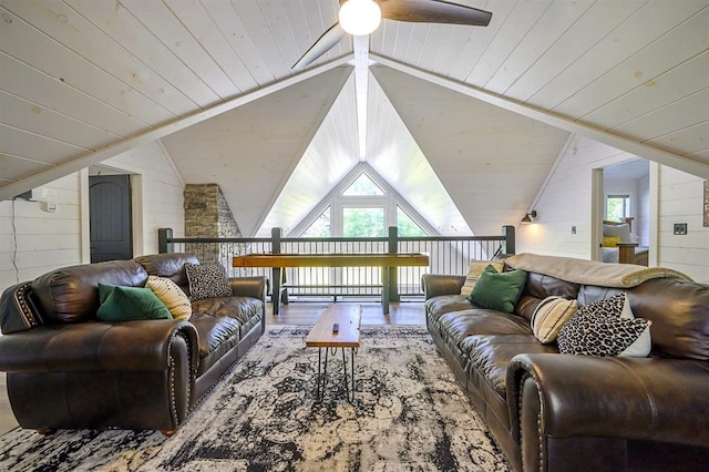 living room featuring wood ceiling, vaulted ceiling, wooden walls, and wood finished floors