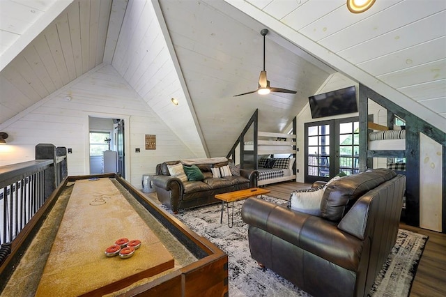 playroom featuring wooden ceiling, vaulted ceiling, a wealth of natural light, and wood finished floors