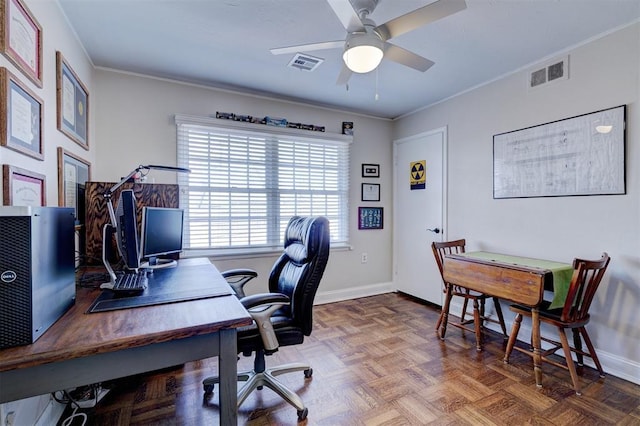 office with baseboards, visible vents, and ornamental molding