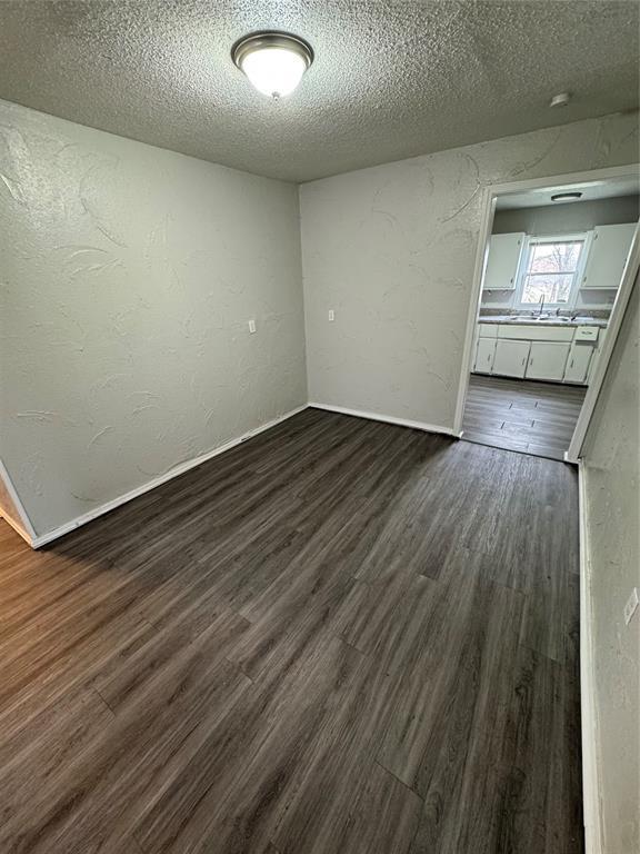 unfurnished room with dark wood-style floors, a textured wall, a textured ceiling, and a sink