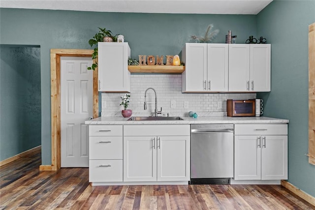 106 N Dewey St, Corn, OK 73024 - kitchen with open shelves, decorative backsplash, a sink, dishwasher, and white cabinets