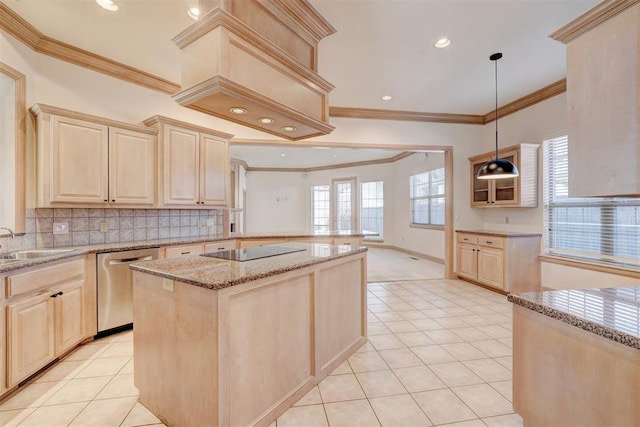 kitchen featuring dishwasher, black electric stovetop, light brown cabinetry, premium range hood, and a wealth of natural light