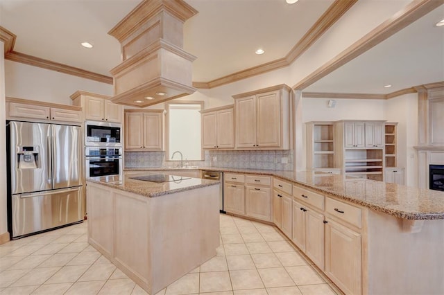 kitchen with light tile patterned floors, stainless steel appliances, light brown cabinetry, and a sink