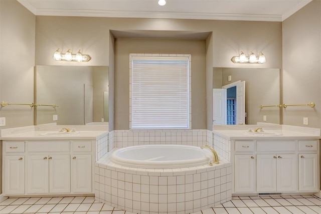 full bath featuring ornamental molding, two vanities, and a sink