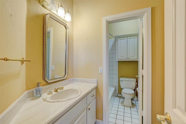 full bathroom with toilet, vanity, tub / shower combination, and tile patterned floors