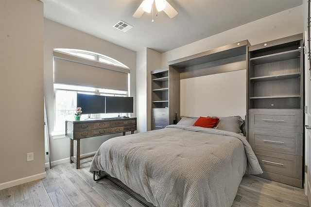 bedroom with ceiling fan, light wood finished floors, visible vents, and baseboards