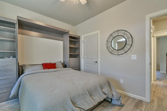 bedroom with light wood-type flooring and baseboards