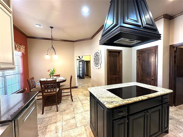 kitchen with crown molding, dark cabinets, black electric cooktop, and custom range hood