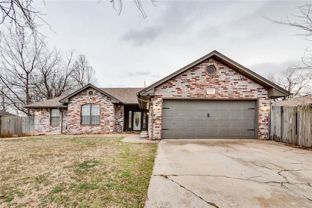 single story home with brick siding, concrete driveway, an attached garage, fence, and a front lawn