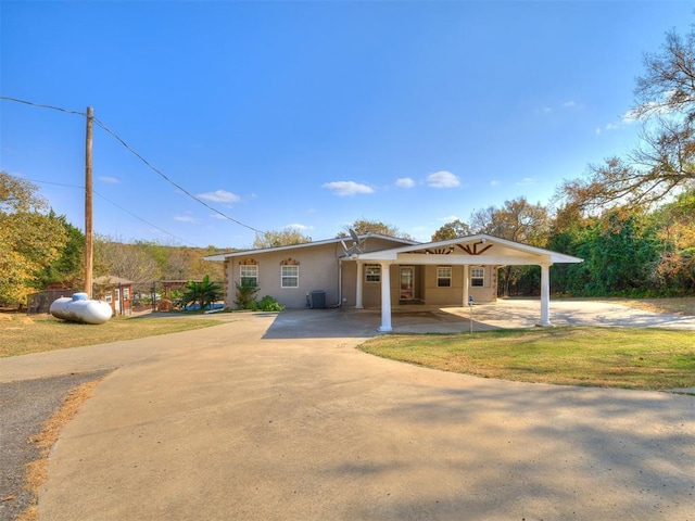 ranch-style house with driveway, a front lawn, an attached carport, and stucco siding