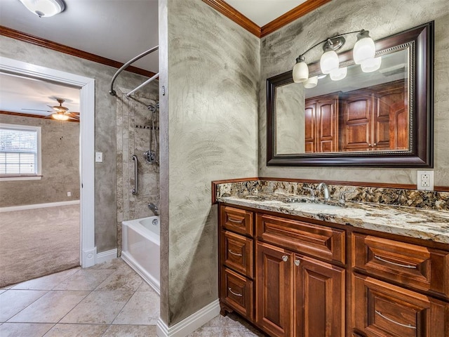 bathroom featuring shower / bathtub combination, baseboards, crown molding, and vanity