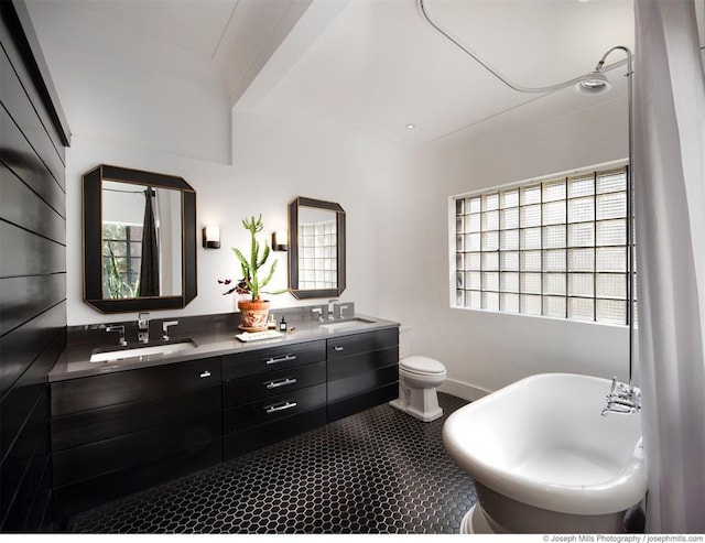 bathroom featuring a freestanding tub, double vanity, and toilet
