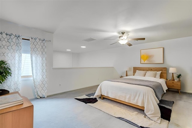 bedroom with visible vents, baseboards, ceiling fan, carpet flooring, and recessed lighting