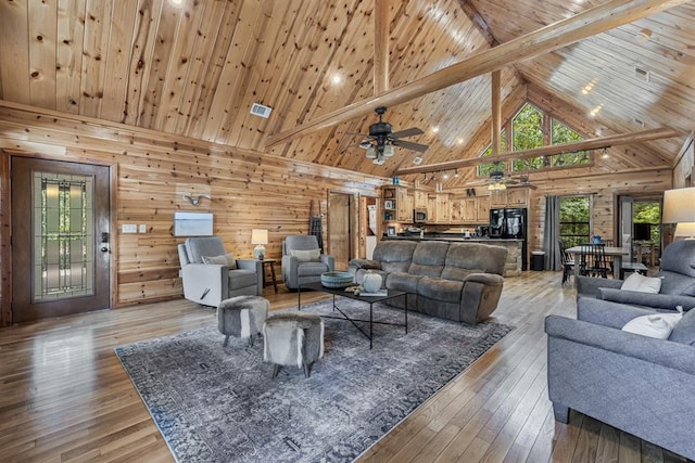 living area featuring wooden ceiling, light wood-style floors, and wooden walls