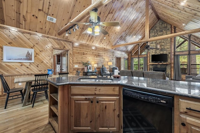 kitchen featuring visible vents, wood ceiling, open floor plan, a sink, and dishwasher