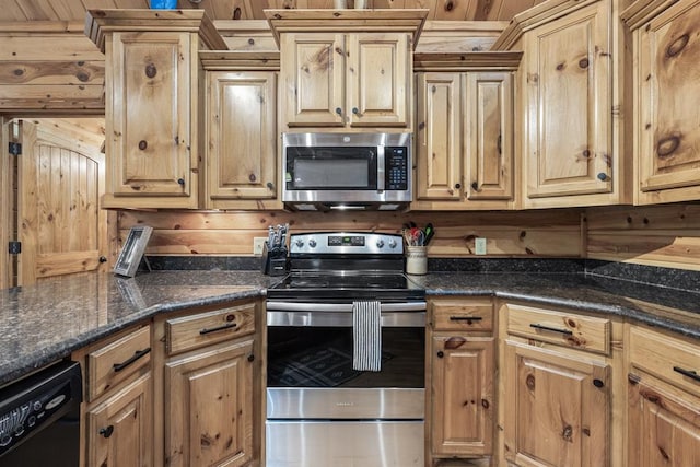 kitchen featuring dark stone counters and appliances with stainless steel finishes