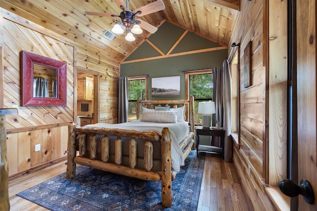 bedroom featuring wood ceiling, wood-type flooring, visible vents, and wood walls