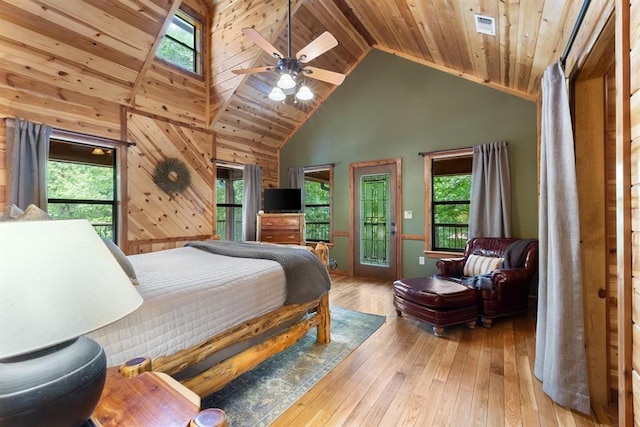 bedroom featuring high vaulted ceiling, wood walls, wood ceiling, access to exterior, and wood-type flooring