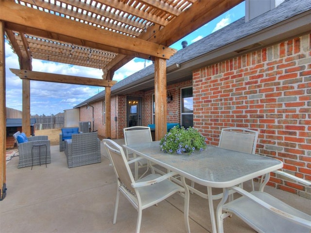 view of patio featuring fence, an outdoor living space, a pergola, and outdoor dining space