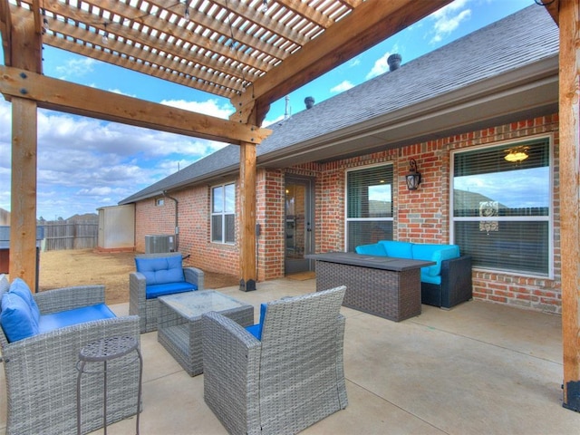 view of patio / terrace featuring central AC, fence, an outdoor living space, and a pergola