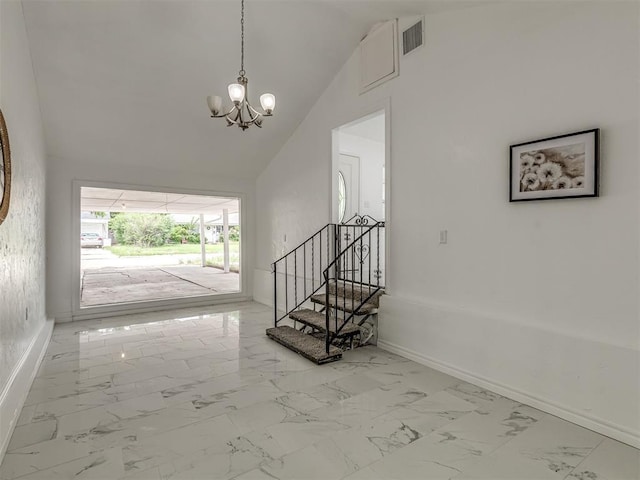 corridor with marble finish floor, visible vents, an inviting chandelier, baseboards, and stairs