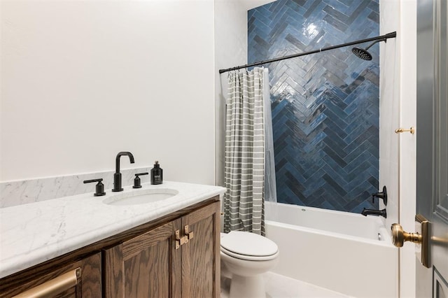 bathroom featuring toilet, shower / bathtub combination with curtain, and vanity