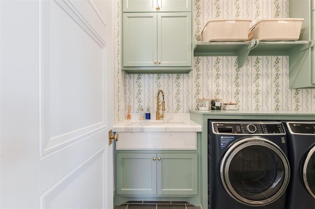 2909 High View Dr, Arcadia, OK 73007 - laundry area with cabinet space, washing machine and clothes dryer, wallpapered walls, and a decorative wall