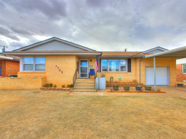 ranch-style house with an attached garage, a front yard, concrete driveway, and brick siding