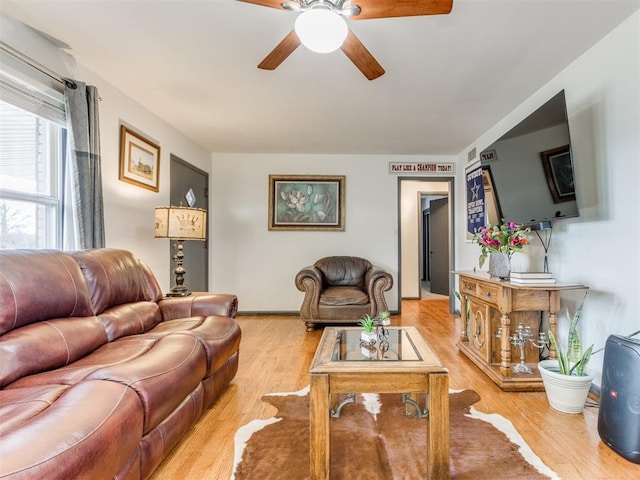 living room with a ceiling fan and light wood-type flooring