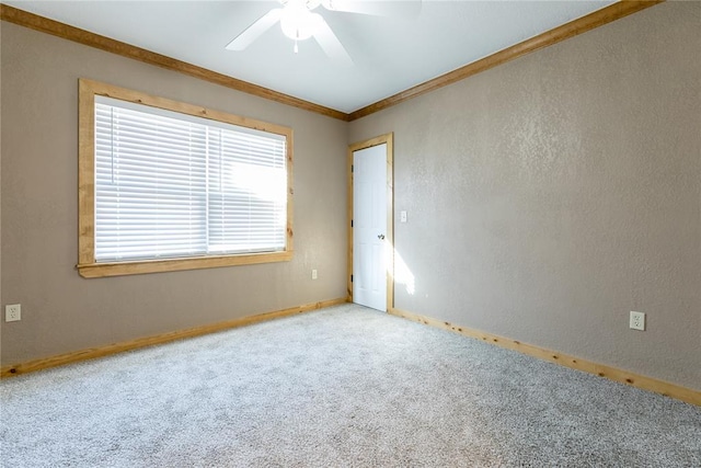 unfurnished room featuring carpet floors, a textured wall, crown molding, and baseboards