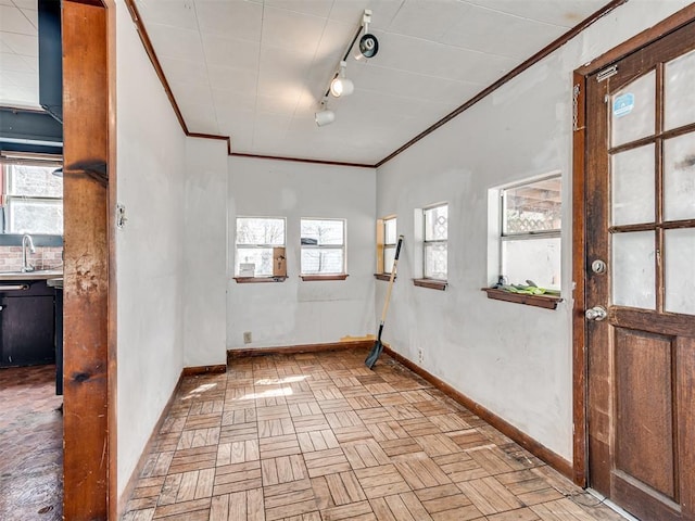 unfurnished room featuring a wealth of natural light, baseboards, ornamental molding, and a sink